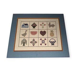 Vintage Cross Stitch Folk Art Sampler Completed Matted Unframed 18" x 14.5"